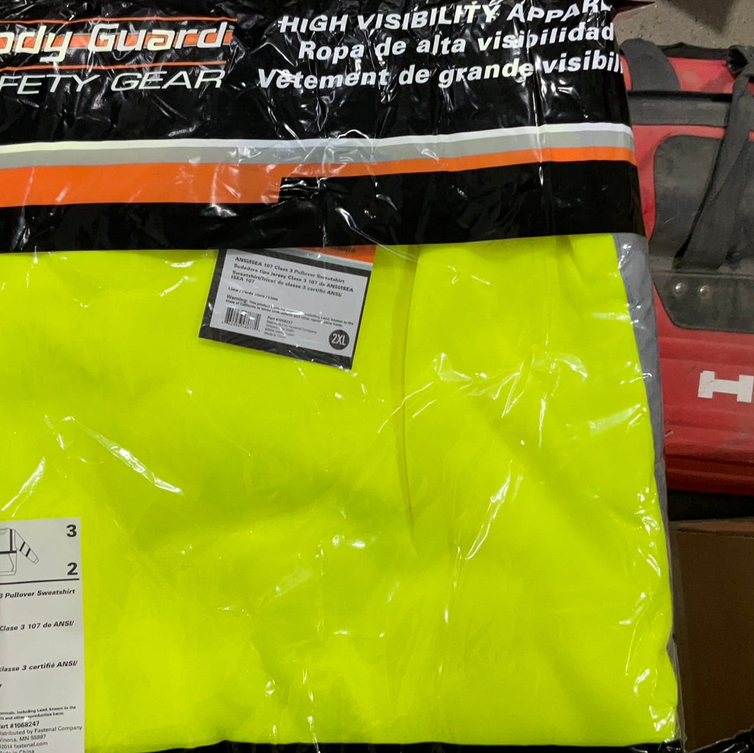 2XL Lime 8.82oz PET Fleece Body Guard® ANSI Class 3 Hi-Visibility Pullover Sweatshirt w/ 2" Silver Safety Stripe
